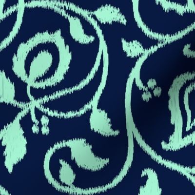 Spring paisley Ikat vines - mint on midnight blue - Ethnic Floral - large