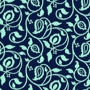 Spring paisley Ikat vines - mint on midnight blue - Ethnic Floral - large