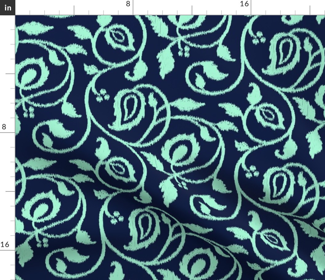 Spring paisley Ikat vines - mint on midnight blue - Ethnic Floral - large