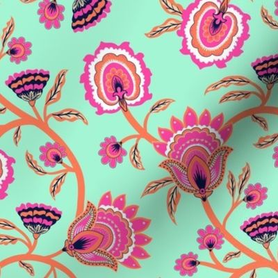 Bright  Spring Floral Chintz - hot pink and papaya orange on mint - medium