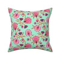 Bright  Spring Floral Chintz - hot pink and papaya orange on mint - medium