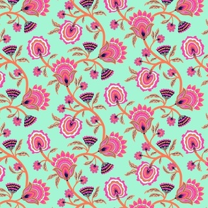 Bright  Spring Floral Chintz - hot pink and papaya orange on mint - medium