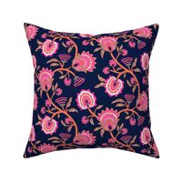 Bright  Spring Floral Chintz - hot pink and papaya orange on midnight blue - medium