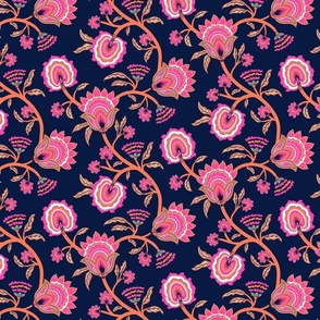 Bright  Spring Floral Chintz - hot pink and papaya orange on midnight blue - medium