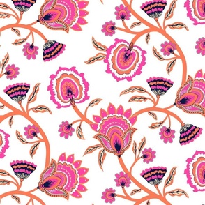 Bright  Spring Floral Chintz - hot pink and papaya orange on white - large