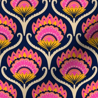 Bright ethnic ogee flame floral - Hot pink, marigold and papaya orange on midnight blue - medium