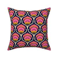 Bright ethnic ogee flame floral - Hot pink, marigold and papaya orange on midnight blue - medium