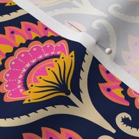 Bright ethnic ogee flame floral - Hot pink, marigold and papaya orange on midnight blue - medium