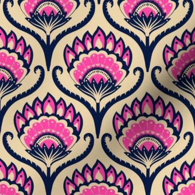 Bright ethnic ogee flame floral - midnight blue and hot pink on sand - medium