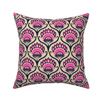 Bright ethnic ogee flame floral - midnight blue and hot pink on sand - medium