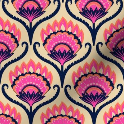 Bright ethnic ogee flame floral - midnight blue, hot pink and papaya orange on sand - medium