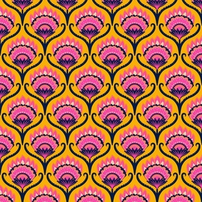 Bright ethnic ogee flame floral - midnight blue, hot pink and papaya on marigold - medium