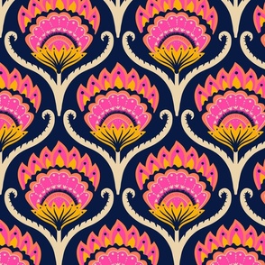 Bright ethnic ogee flame floral  - Hot pink, marigold and papaya orange on midnight blue - large