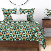 Bright ethnic ogee flame floral - midnight blue, chartreuse and papaya orange on mint - large