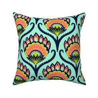 Bright ethnic ogee flame floral - midnight blue, chartreuse and papaya orange on mint - large