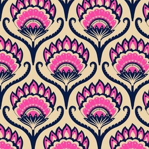 Bright ethnic ogee flame floral - midnight blue and hot pink on sand - large