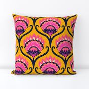 Bright ethnic ogee flame floral - Midnight blue, hot pink and papaya on Marigold - large