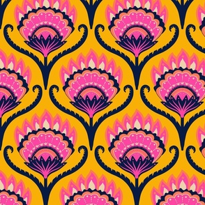 Bright ethnic ogee flame floral - Midnight blue, hot pink and papaya on Marigold - large