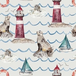 Hand Painted Nautical Print Of Seals With Boat And Lighthouse Off White Medium