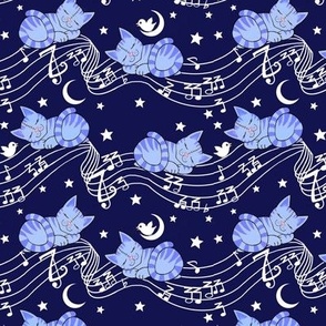 Sleepy musical kitties blue on navy