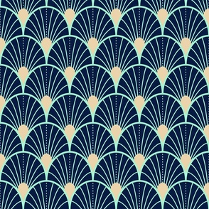 Bright spring scallop fans with dots - midnight blue, mint, and sand - medium