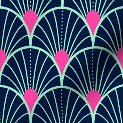 Bright spring scallop fans with dots - midnight blue, mint, and hot pink - medium