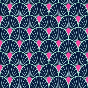 Bright spring scallop fans with dots - midnight blue, mint, and hot pink - medium