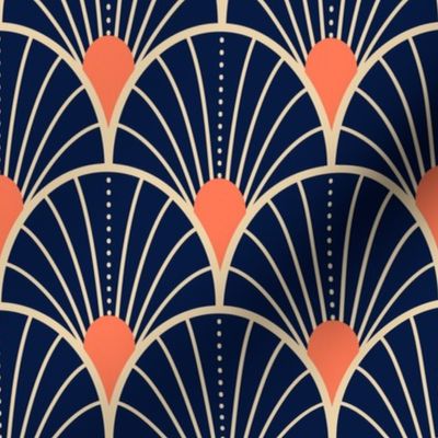 Bright spring scallop fans with dots - midnight blue, sand and papaya orange - medium