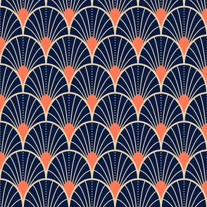 Bright spring scallop fans with dots - midnight blue, sand and papaya orange - medium