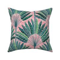 Mod Travellers Palms - Palm Springs - green on geometric pink wave grid - large