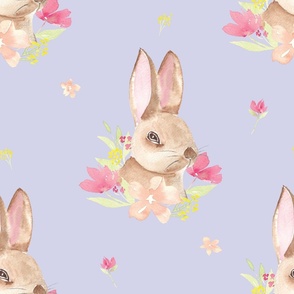 Bunny, Floral, Lilac, Watercolour - large scale - kids, nursery, baby, watercolor, purple