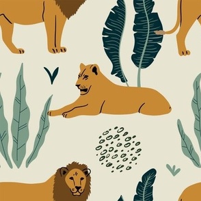 Seamless pattern with lions, tropical leaves and abstract shapes. 