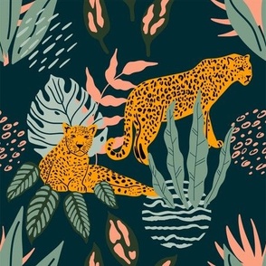 Seamless pattern with leopard and tropical leaves. 