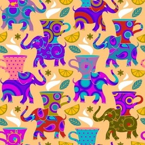 Elephant Tea Party, apricot and violet