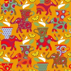 Elephant Tea Party, saffron yellow background
