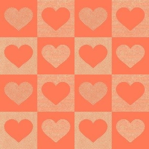 Dotted and Striped Texture Valentine love hearts in buffalo check_ Gingham Papaya pink and sand neutral