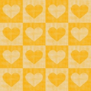 Linen Textured Valentine love hearts in buffalo check_ Gingham Marigold yellow and sand neutral