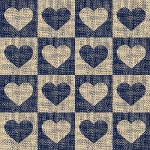 Linen Textured Valentine love hearts in buffalo check_ Gingham Midnight Blue and Sand neutral
