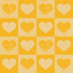 Textured Valentine love hearts in buffalo check_ Gingham in Marigold yellow and Sand neutral