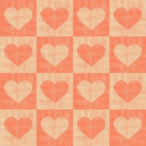 Linen Textured Valentine love hearts in buffalo check_ Gingham Papaya pink and sand neutral