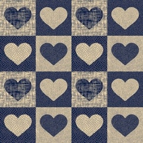 Textured Valentine love hearts in buffalo check_ Gingham in Midnight blue and Sand neutral