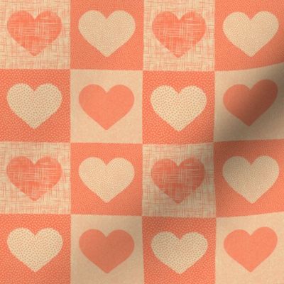 Textured Valentine love hearts in buffalo check_ Gingham in Papaya pink and sand neutral