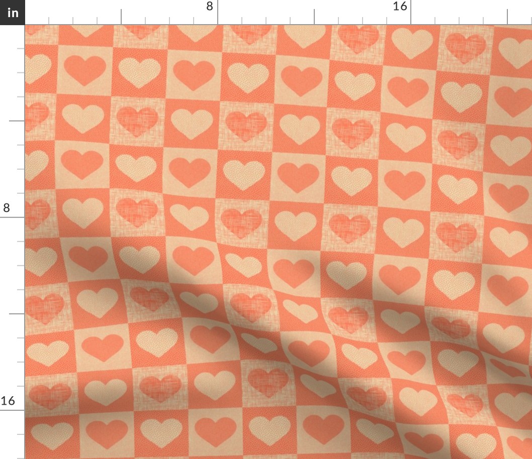 Textured Valentine love hearts in buffalo check_ Gingham in Papaya pink and sand neutral