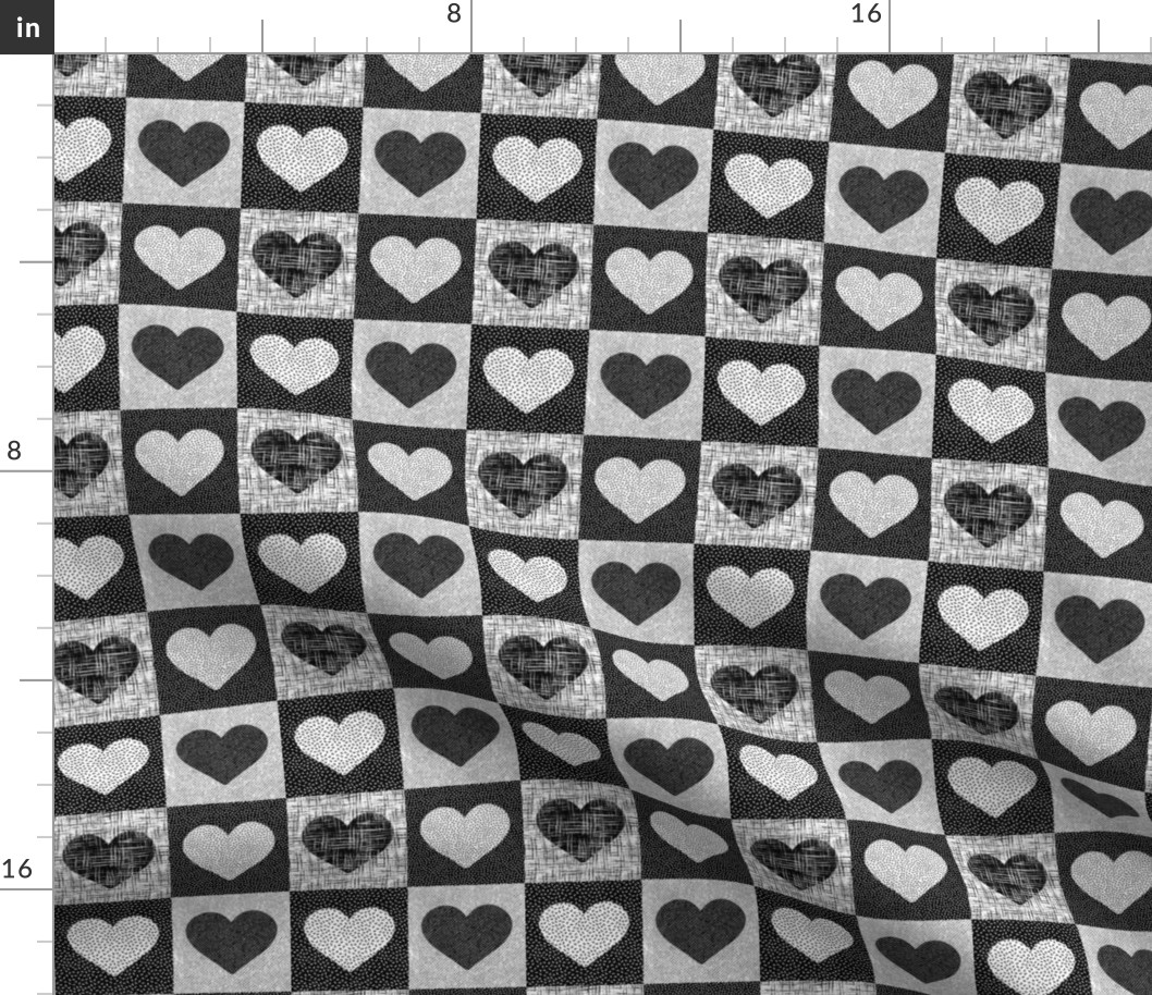 textured Valentine love hearts in buffalo check_ Gingham black and white