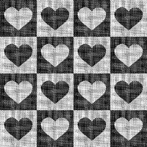 Linen Textured Valentine love hearts in buffalo check_ Gingham black and white