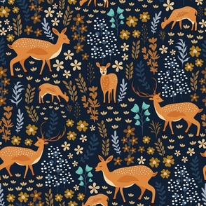 Whimsical Deer Forest on Navy Blue