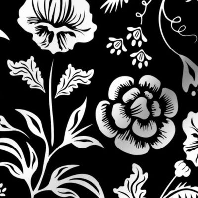 Victorian Damask Floral Art Nouveau - White on Black