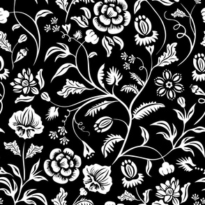 Victorian Damask Floral Art Nouveau - White on Black