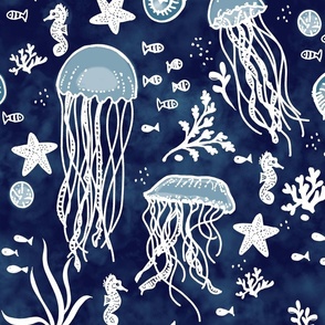 Jellyfish Ocean Block Print