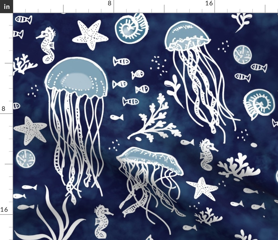 Jellyfish Ocean Block Print